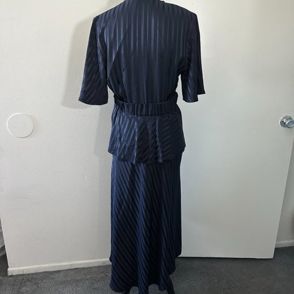 A.L.C. Navy Blue Tonal Stripe AVI 100% Silk Asymmetric Midi Maxi Dress Sz 6 - Picture 10 of 13